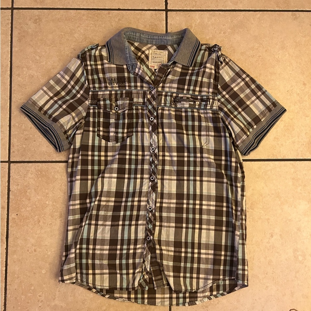 Brown and Blue Button Down Shirt with Plaid Pattern